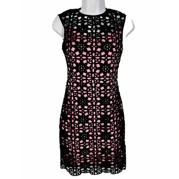 Bee Darlin Sz 16/17 Laser Cutout Mini Dress Neon Pink Black Lace Sleeveless NEW - Picture 1 of 8